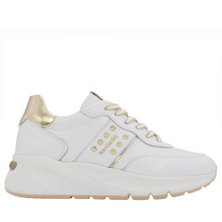Scarpe Sneakers NERO GIARDINI DONNA in Pelle e tessuto Platform tacco 5 cm Colore Bianco inserti Gold