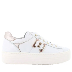 Scarpe Sneakers NERO GIARDINI DONNA in Pelle Platform tacco 4 cm Colore Bianco inserti Rosa